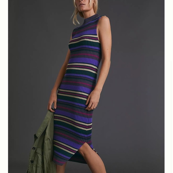 Dolan Anne Ribbed Striped Colorful Sleeveless Turtle Neck Maxi Dress A7 - Picture 1 of 9